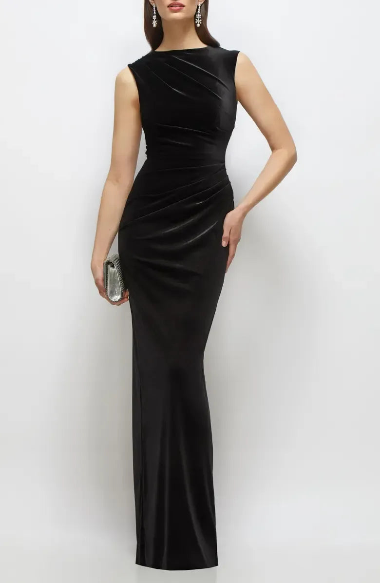 Classic Column High-neck Sleeveless Velvet Floor-Length Prom Dress